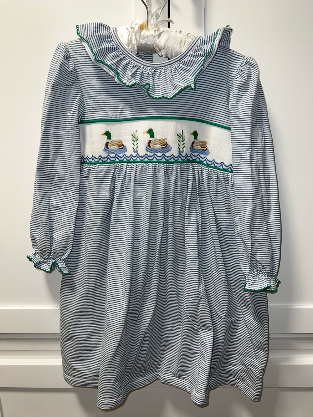 Shrimp & Grits Striped Smocked Mallard Duck Dress with Green Trim